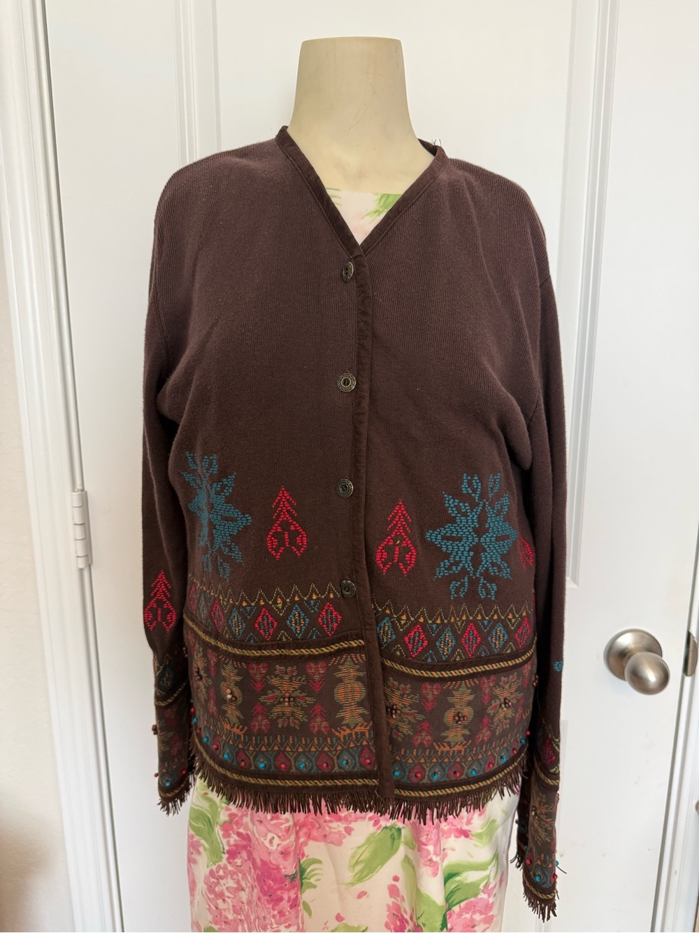 Vintage Brown Sharon Young 100% Cotton Beaded & Embroidered Fringe Cardigan